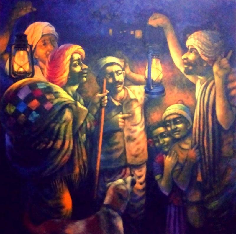 Figurative acrylic painting titled 'Blue Night', 60x60 inches, by artist Apet Pramod on Canvas