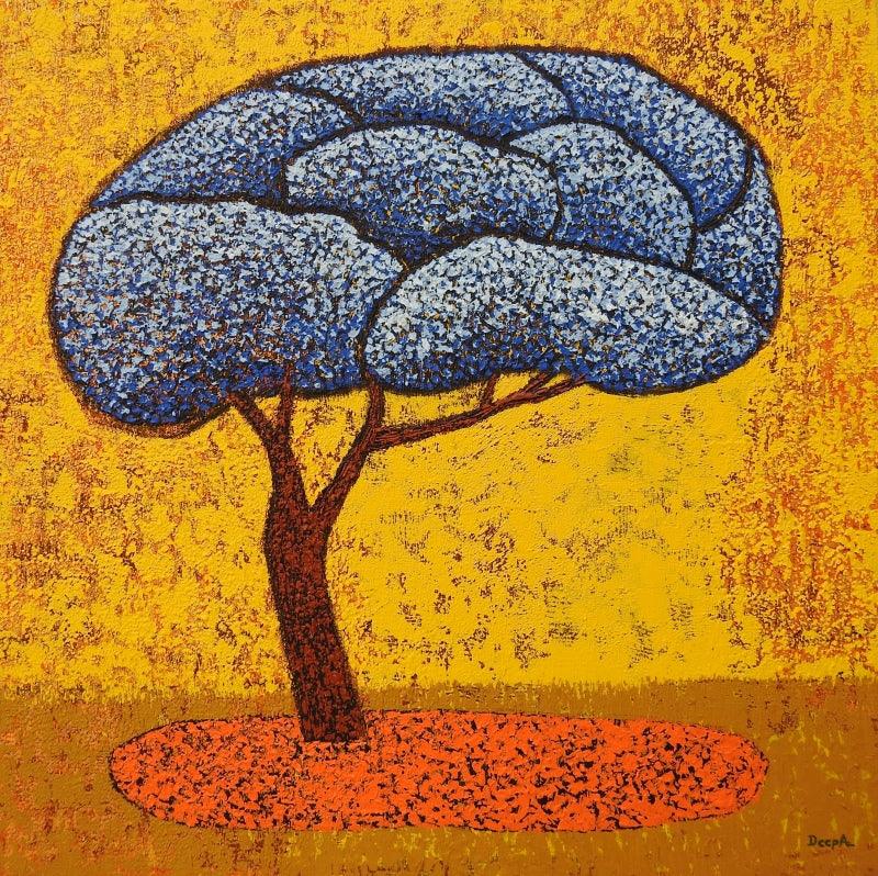 Nature acrylic painting titled 'Blue Tree', 24x24 inches, by artist Deepali S on Canvas