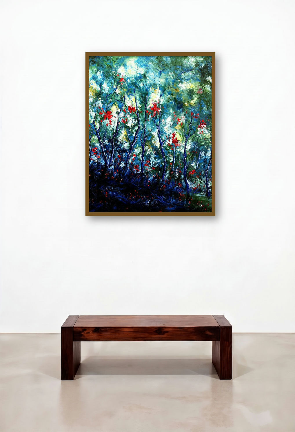 Blue Winter 2 (Verdant Dreamscape**) by artist Bahadur Singh displayed in a Contemporary Luxury Library