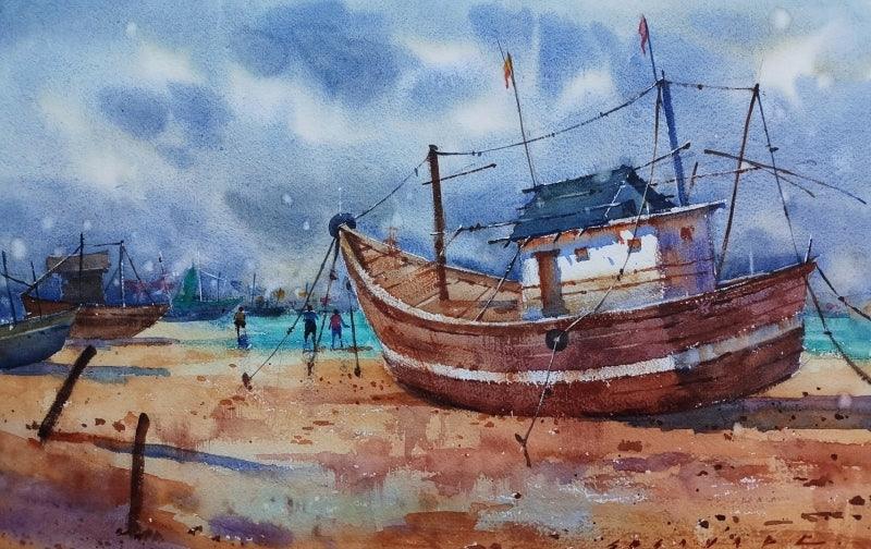 Seascape watercolor painting titled 'Boat 1', 10x15 inches, by artist Siddharth Gavade on Paper