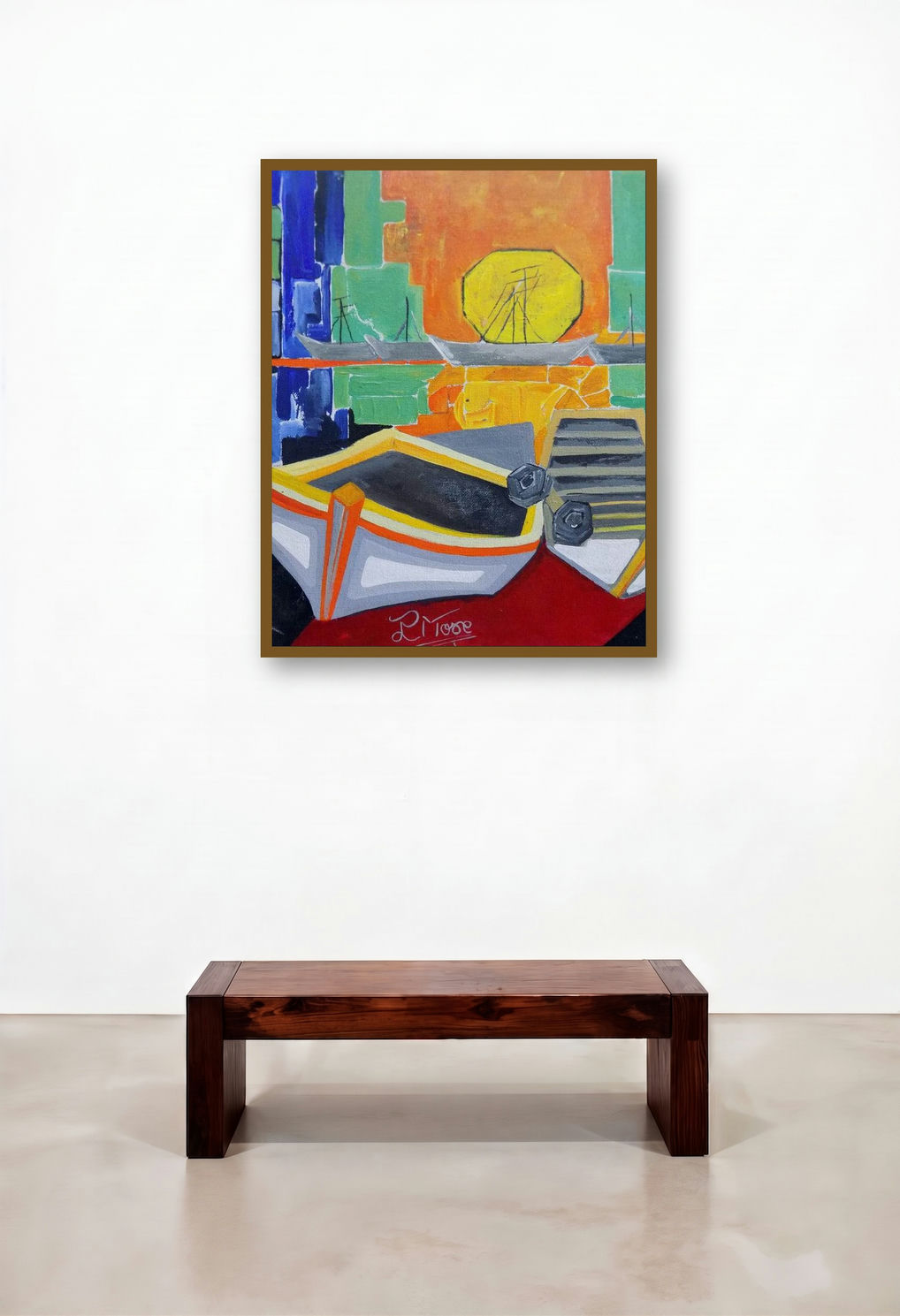 Boat 1 (Sunset at the Harbor) by artist Paresh More displayed in a Art Deco Bedroom