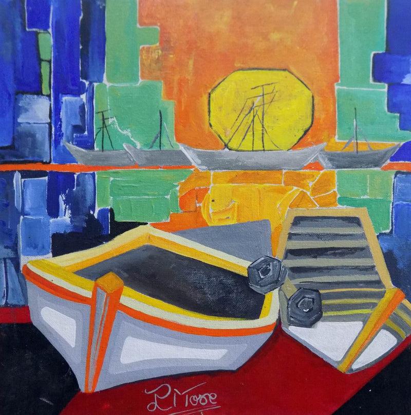 Seascape acrylic painting titled 'Boat 1', 12x12 inches, by artist Paresh More on Canvas Board
