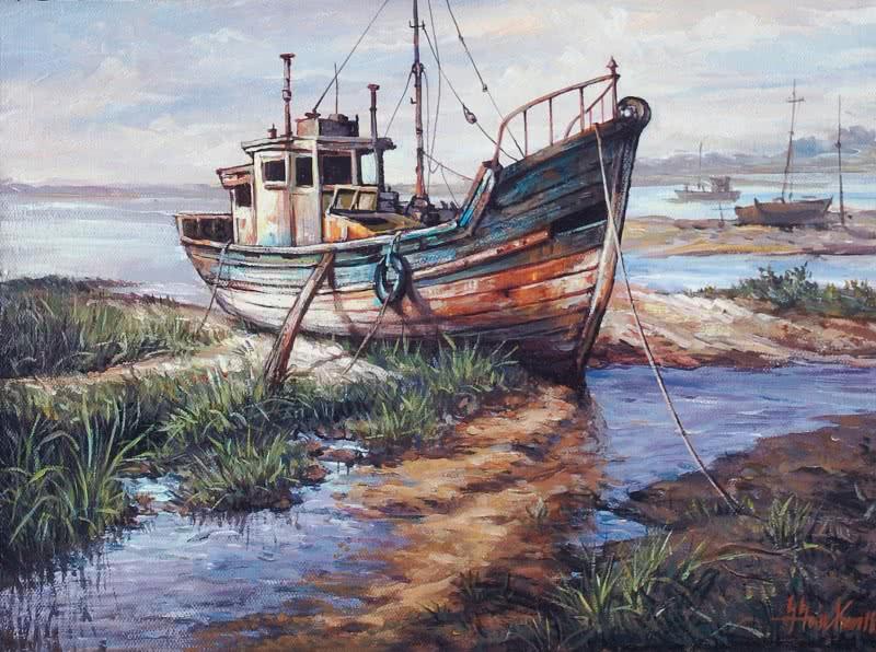 Seascape acrylic painting titled 'Boat 1', 10x14 inches, by artist Shuvendu Sarkar on Canvas