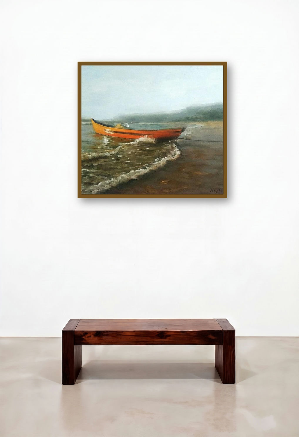 Boat 1 (Coastal Serenity) by artist Uday Farat displayed in a Rustic Hotel Lobby