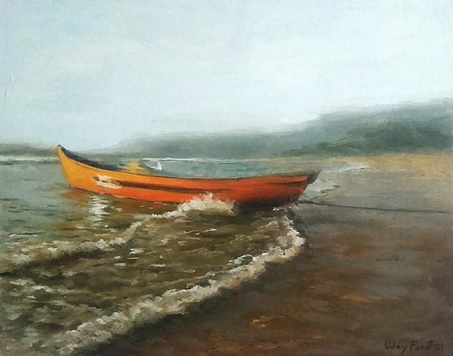 Seascape oil painting titled 'Boat 1', 14x16 inches, by artist Uday Farat on Mount Board