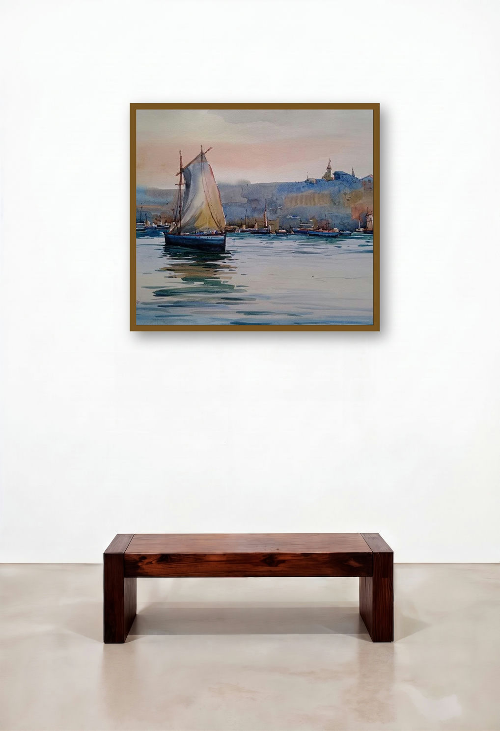 Boat 2 (A Serene Harbor) by artist Prasanta Maiti displayed in a Luxury Dining Room