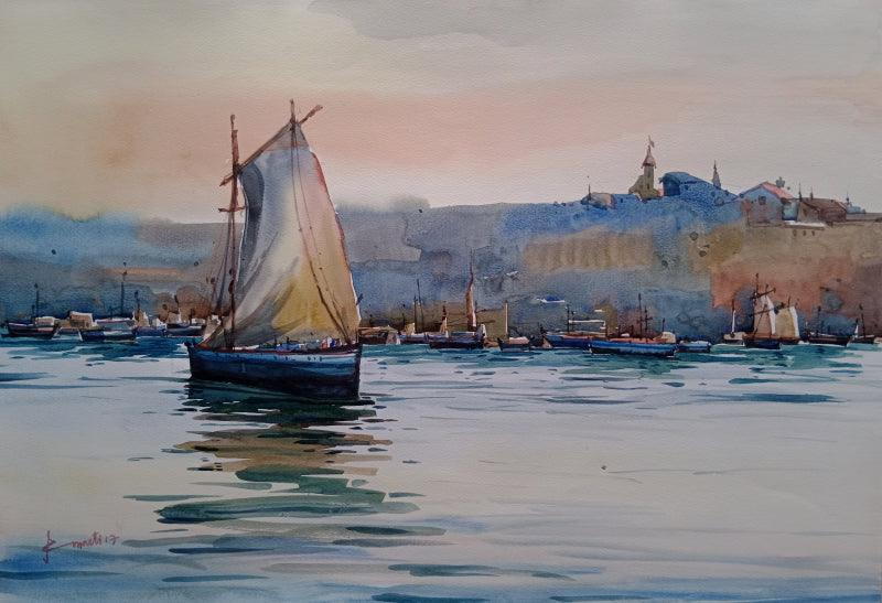 Nature watercolor painting titled 'Boat 2', 22x15 inches, by artist Prasanta Maiti on Paper
