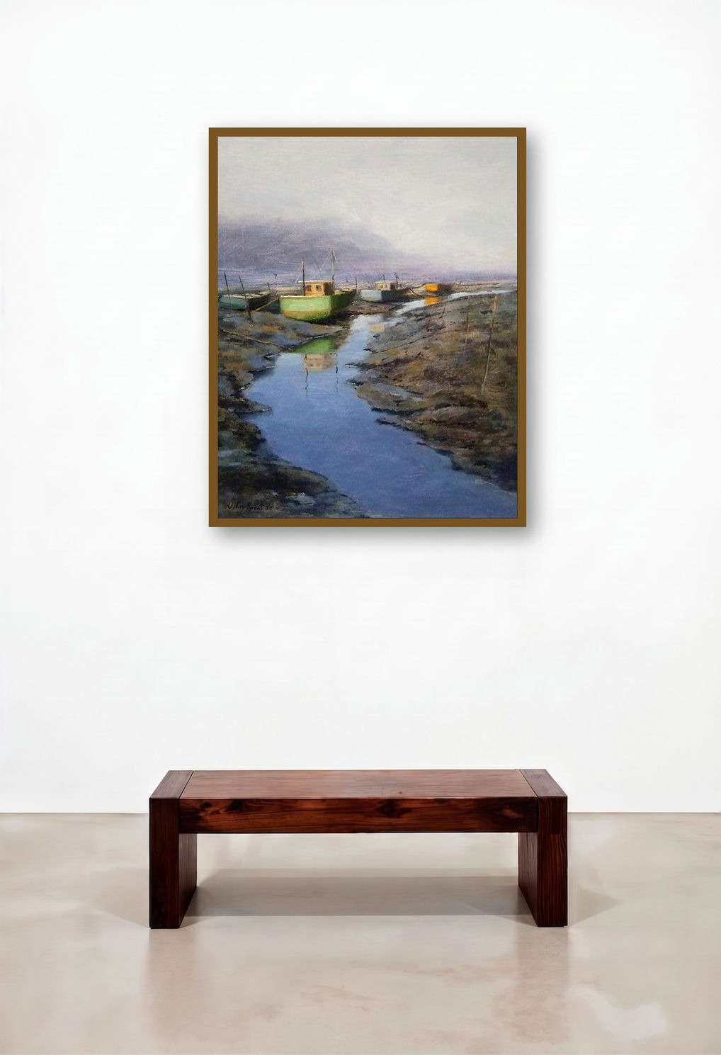 Boat 2 (Peaceful Estuary) by artist Uday Farat displayed in a Scandinavian Dining Room