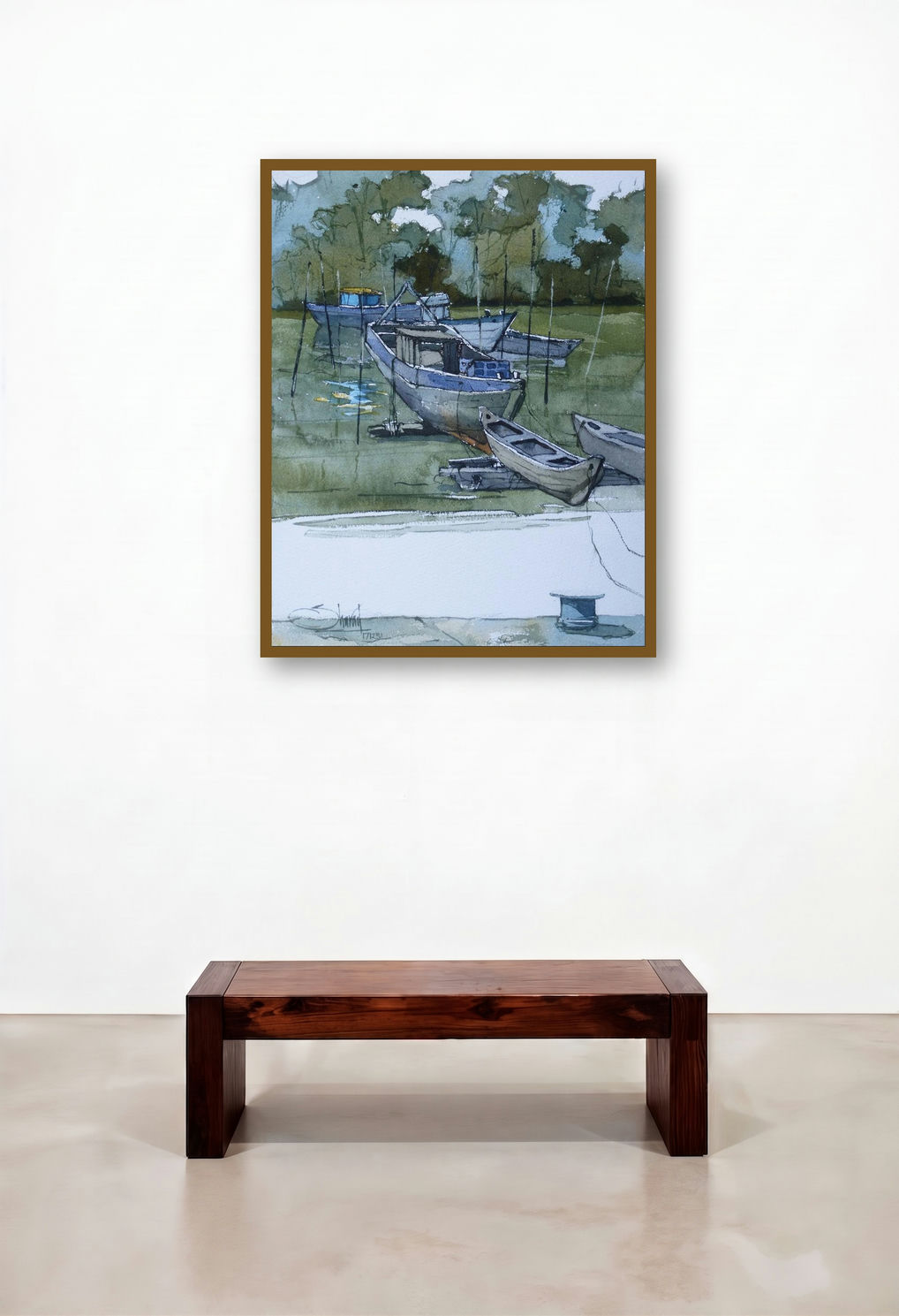 Boat 2 (Tranquil Waters) by artist Sharad Tawade displayed in a Modern Study