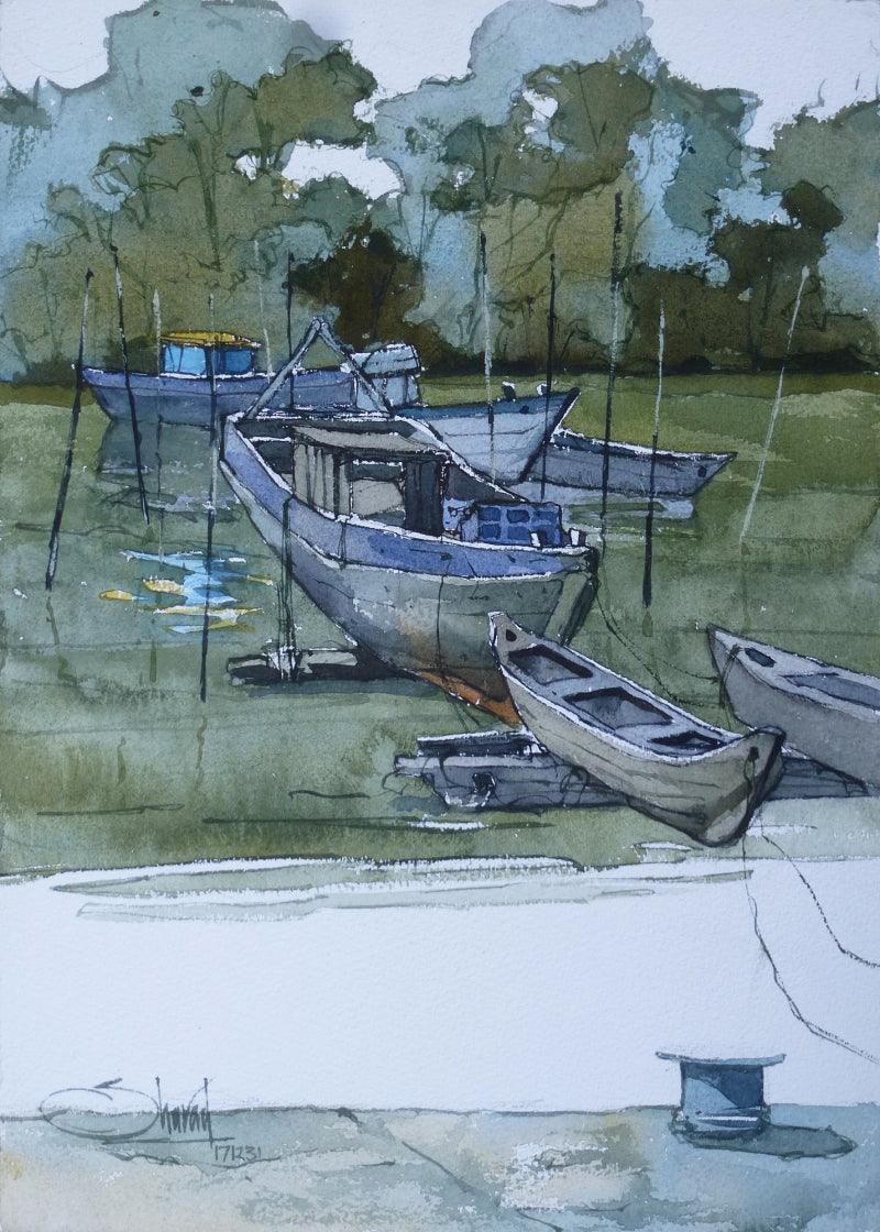 Seascape watercolor painting titled 'Boat 2', 10x14 inches, by artist Sharad Tawade on Paper