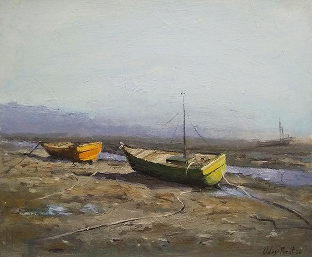 Seascape oil painting titled 'Boat 3', 14x16 inches, by artist Uday Farat on Mount Board
