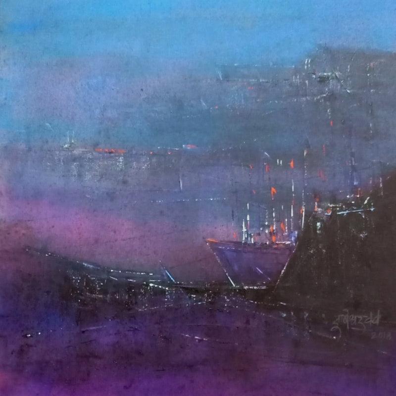 Abstract acrylic painting titled 'Boat', 20x20 inches, by artist Dnyaneshwar Dhavale on canvas