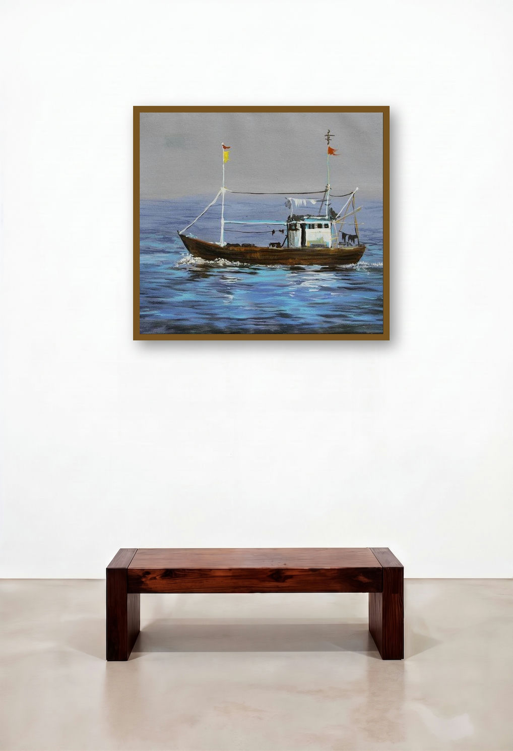 Boat (Fishing Boat at Sea) by artist Chandrashekhar P Aher displayed in a Art Deco Bedroom