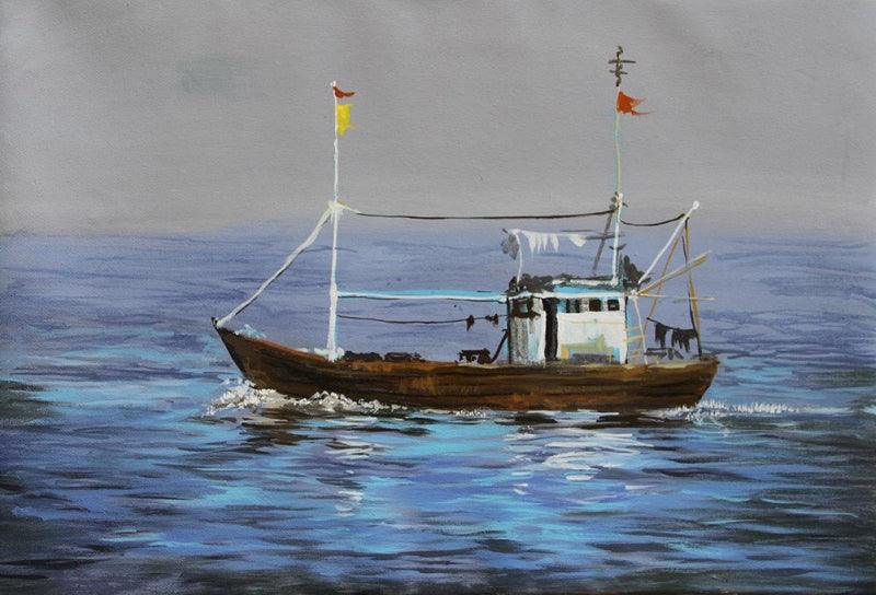 Seascape acrylic painting titled 'Boat', 15x22 inches, by artist Chandrashekhar P Aher on Canvas