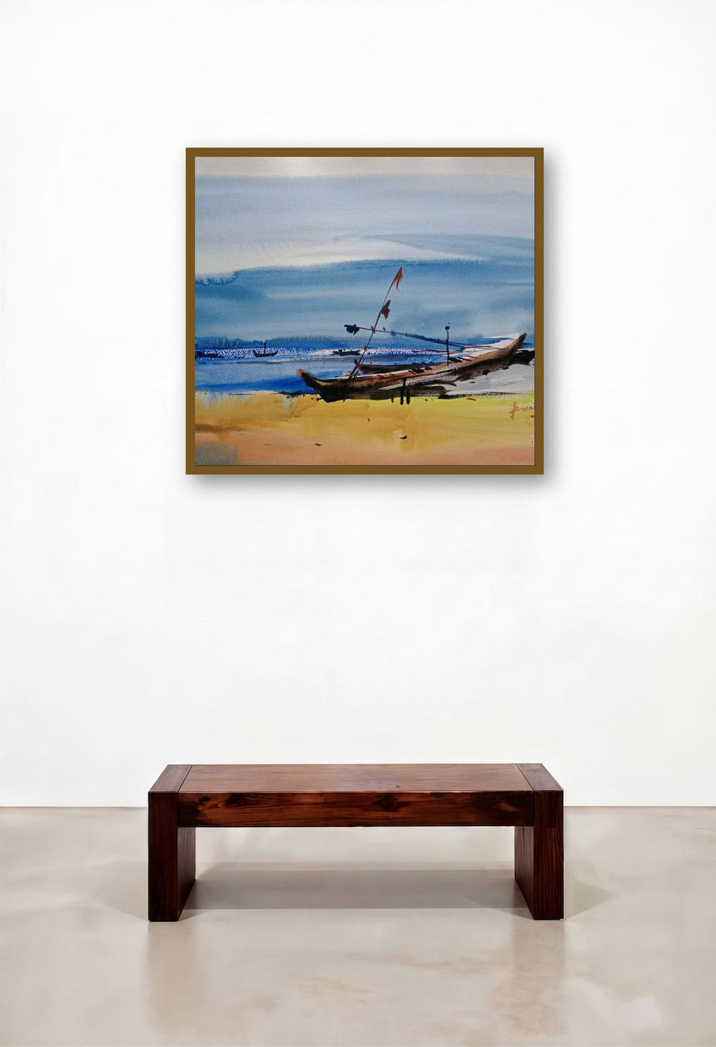 Boat (Peaceful Shores) by artist Prasanta Maiti displayed in a Rustic Executive Office