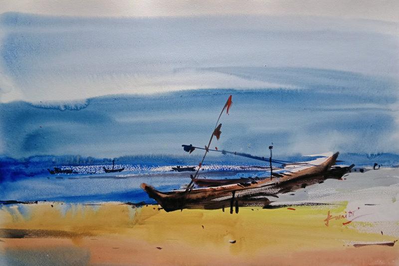 Seascape watercolor painting titled 'Boat', 22x15 inches, by artist Prasanta Maiti on Paper