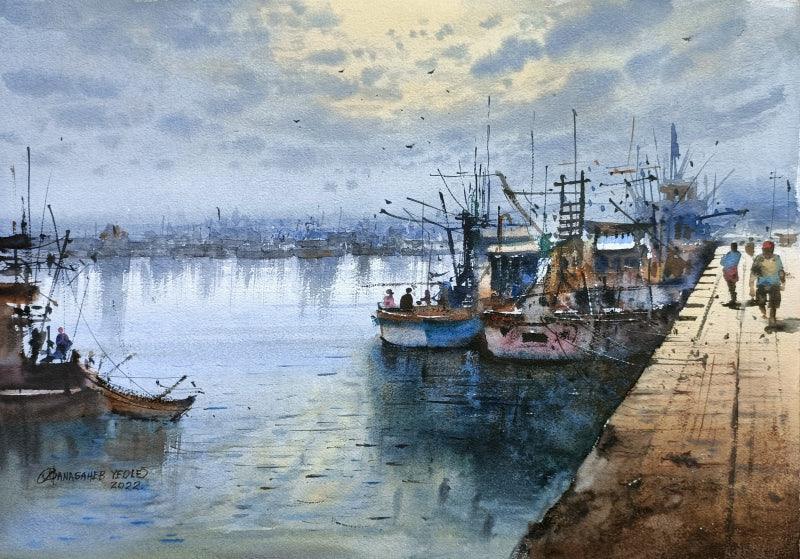 Seascape watercolor painting titled 'Boat', 14x20 inches, by artist NanaSaheb Yeole on Paper