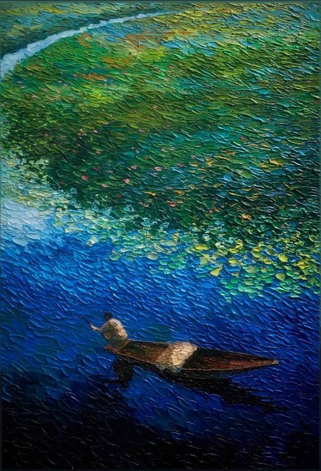 Seascape acrylic painting titled 'Boat', 50x38 inches, by artist Shraddha More on Canvas