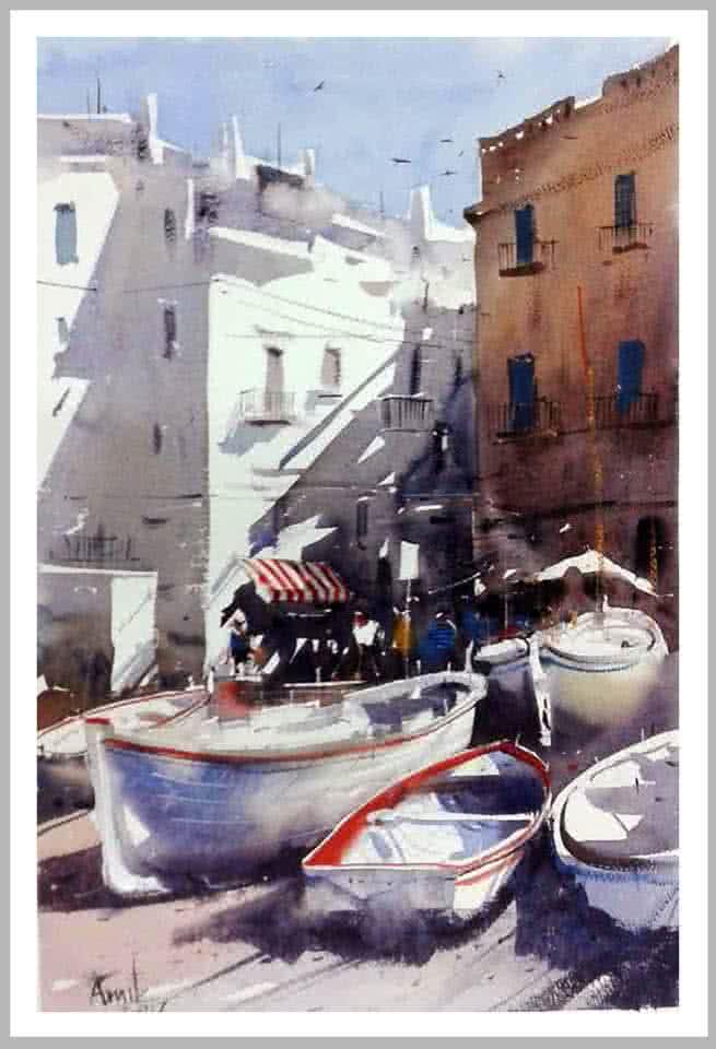 Seascape watercolor painting titled 'Boat', 20x28 inches, by artist Amit Kapoor on Paper