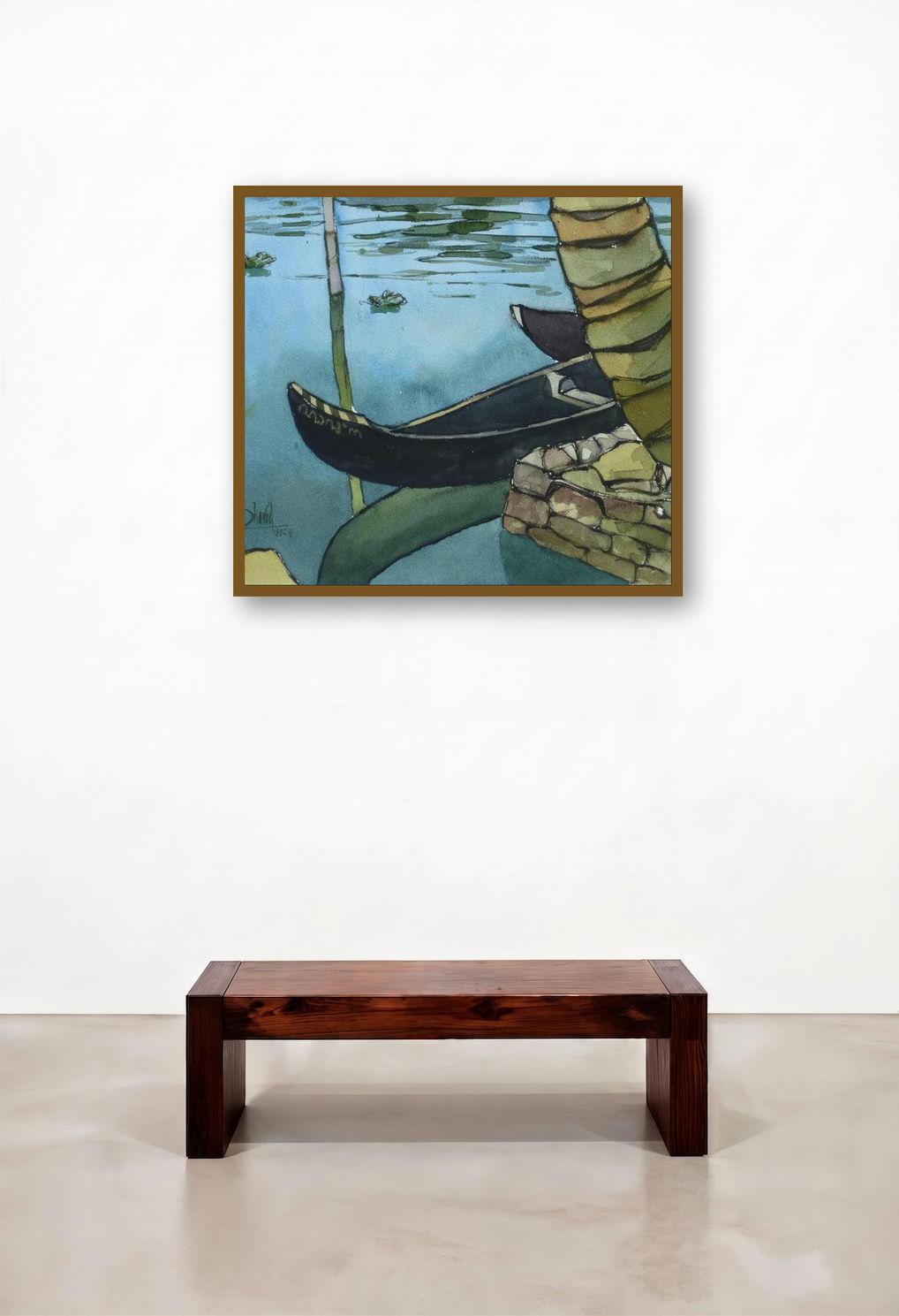 Boat (Tranquil Waters) by artist Sharad Tawade displayed in a Rustic Living Room
