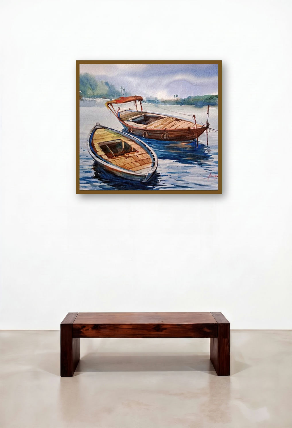 Boat (A Quiet Harbor) by artist Prasanta Maiti displayed in a Coastal Hallway