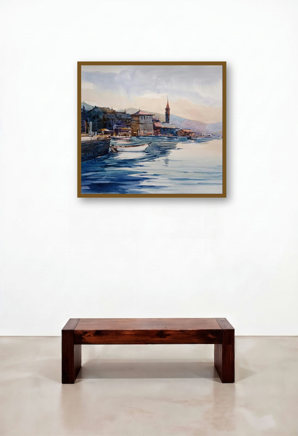 Boat (A Tranquil Harbor) by artist Prasanta Maiti displayed in a Transitional Hotel Suite