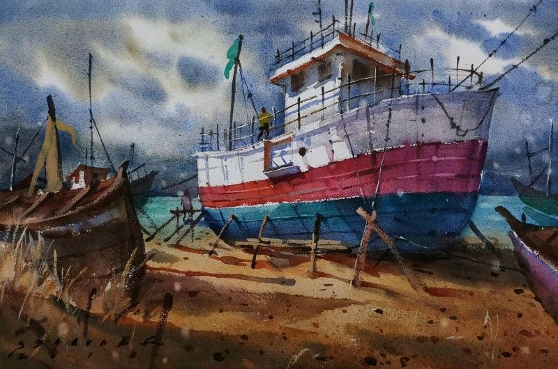 Seascape watercolor painting titled 'Boat', 9x14 inches, by artist Siddharth Gavade on Paper