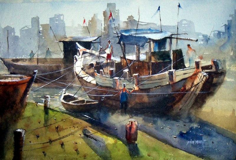 Landscape watercolor painting titled 'Boat at Retibandar', 15x22 inches, by artist Sanjay Dhawale on Handmade Paper