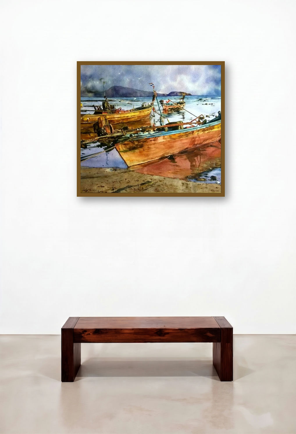 Boats (Coastal Serenity) by artist Dr Uday Bhan displayed in a Contemporary Luxury Dining Room
