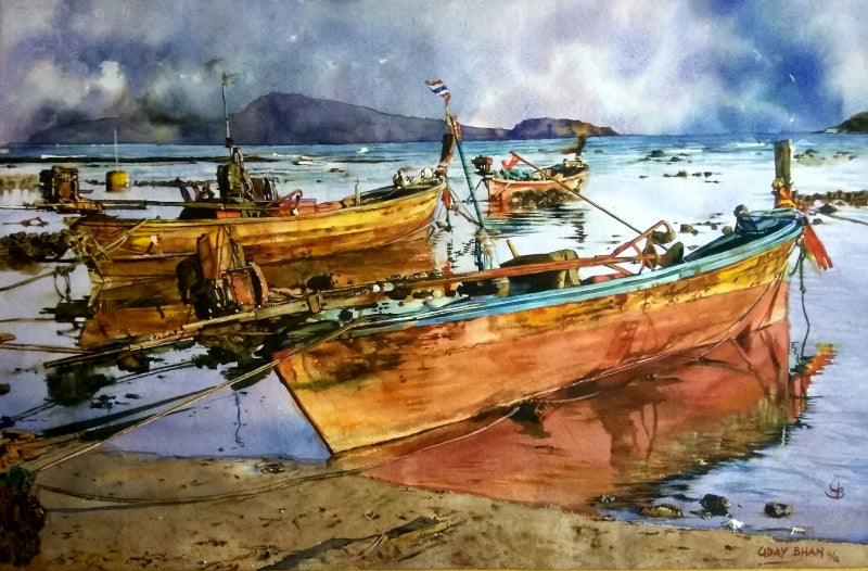 Landscape watercolor painting titled 'Boats', 22x15 inches, by artist Dr Uday Bhan on Paper