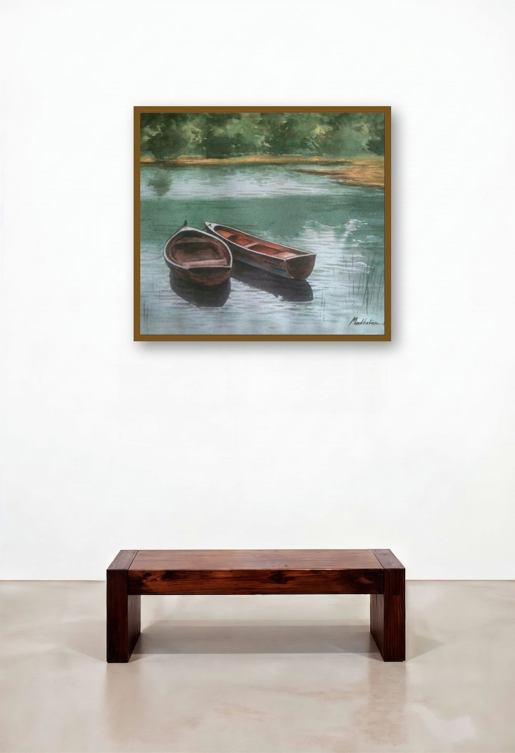 Boats (Tranquil Waters) by artist Madhukar Mahajan displayed in a Traditional Reception Area