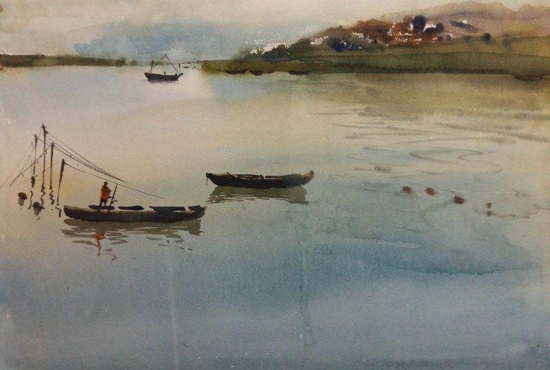 Landscape watercolor painting titled 'Boats', 15x22 inches, by artist Kiran Gunjkar on Handmade Paper