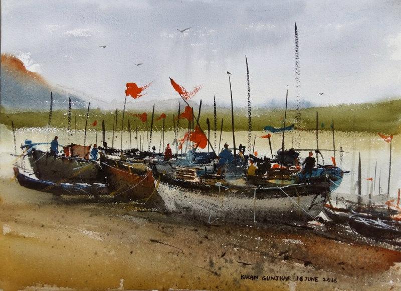 Landscape watercolor painting titled 'Boats', 15x11 inches, by artist Kiran Gunjkar on Handmade paper