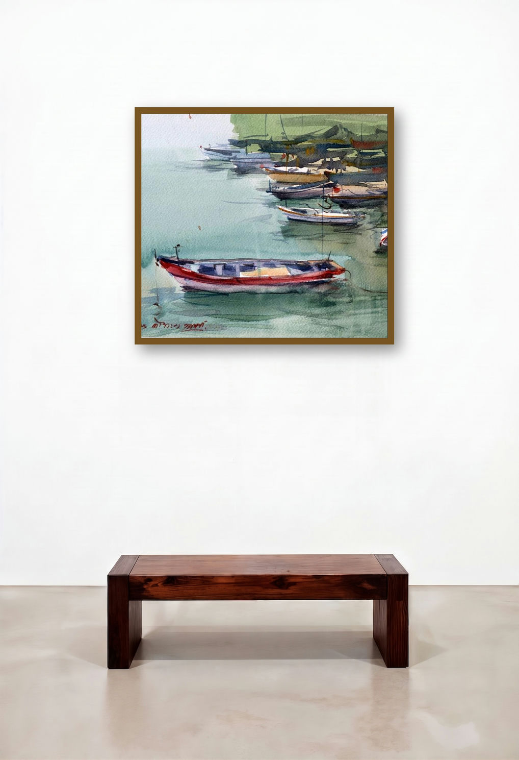 Boats (Harbor Serenity) by artist Amol Takale displayed in a Designer Study