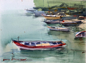 Seascape watercolor painting titled 'Boats', 9x12 inches, by artist Amol Takale on Paper