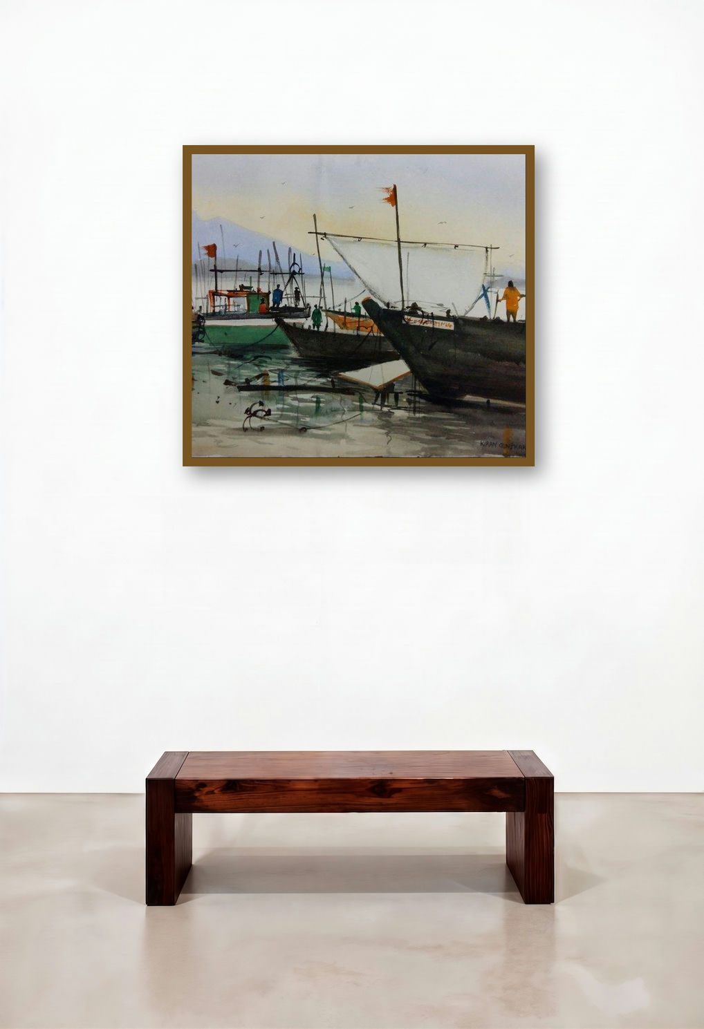 Boats (Harbor Hues) by artist Kiran Gunjkar displayed in a Scandinavian Living Room