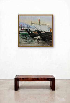 Boats (Harbor Hues) by artist Kiran Gunjkar displayed in a Scandinavian Living Room