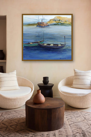 Boats (Harbor Serenity) by artist Kiran Gunjkar displayed in a Indian Art gallery