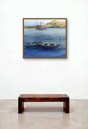 Boats (Harbor Serenity) by artist Kiran Gunjkar displayed in a Industrial Hotel Suite