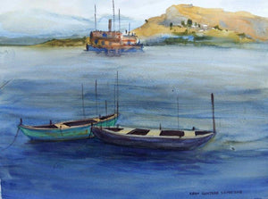 Boats (Harbor Serenity) by Kiran Gunjkar, Original Watercolor Landscape Painting on Handmade Paper, Small Horizontal Wall Art