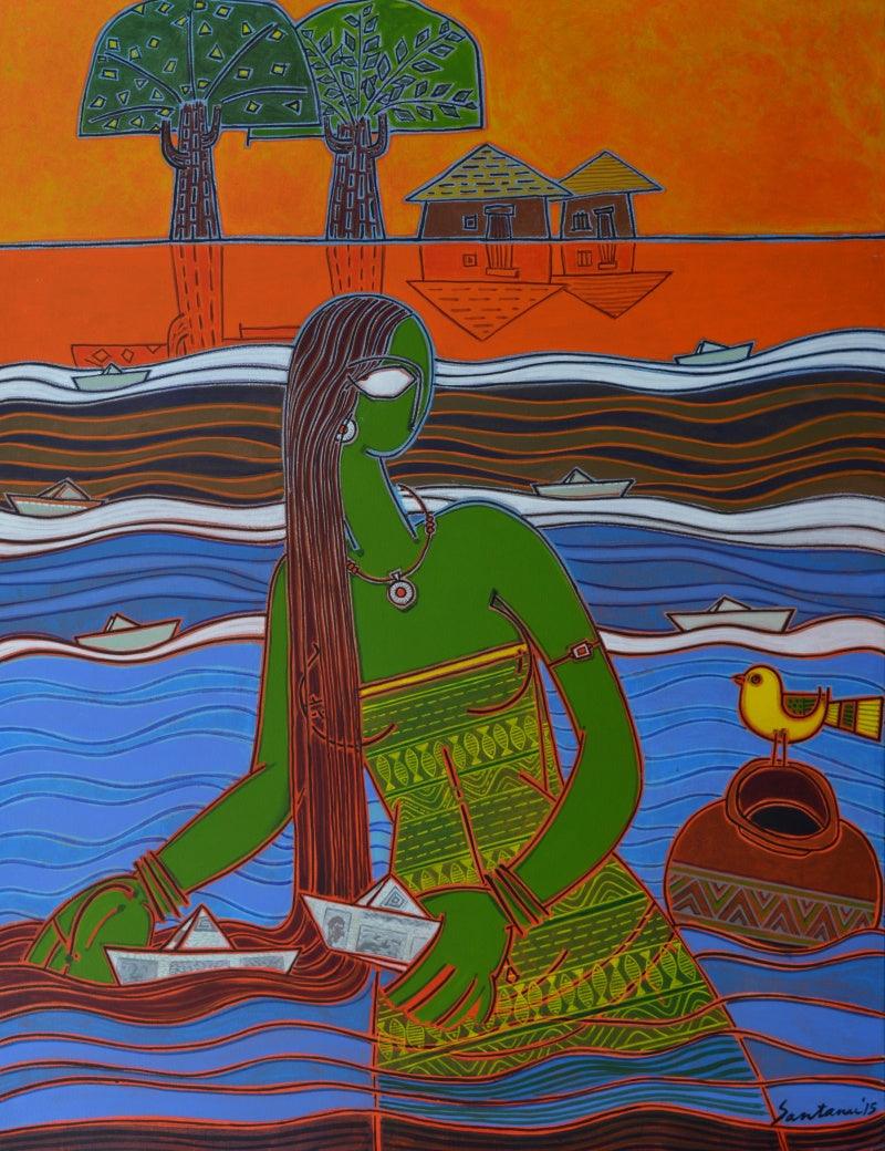 Figurative acrylic painting titled 'Boats', 48x36 inches, by artist Santanu Nandan Dinda on Canvas