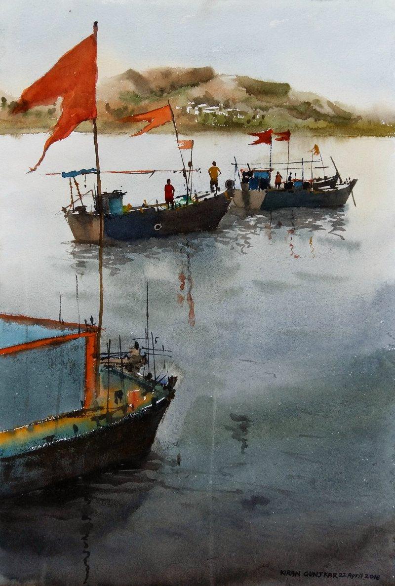 Landscape watercolor painting titled 'Boats', 22x15 inches, by artist Kiran Gunjkar on Handmade Paper