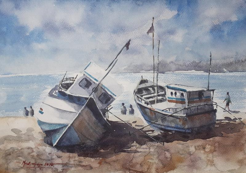 Landscape watercolor painting titled 'Boats at rest', 16x12 inches, by artist Mrutyunjaya Dash on Paper