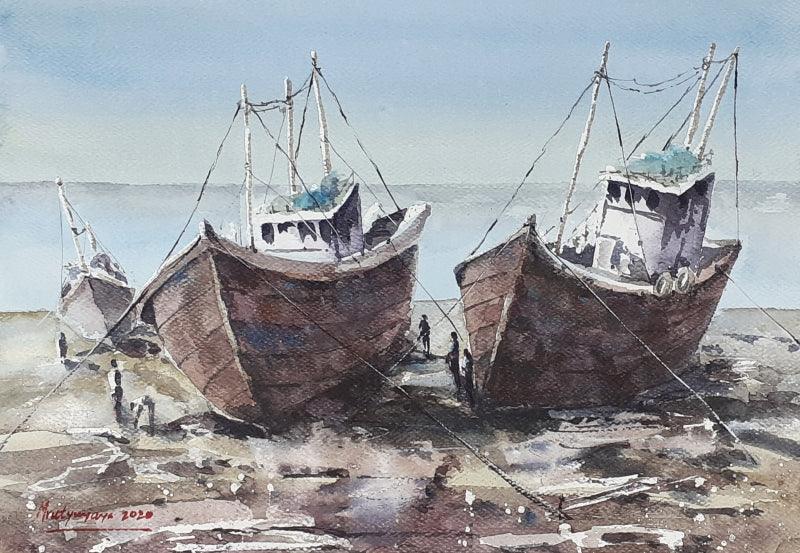 Landscape watercolor painting titled 'Boats at rest', 16x12 inches, by artist Mrutyunjaya Dash on Paper