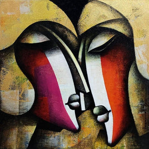 Figurative acrylic charcoal painting titled 'Bond Of Love 2', 24x24 inches, by artist Jagannath Paul on Canvas