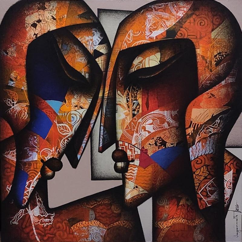 Figurative acrylic charcoal painting titled 'Bond Of Love Series 2', 36x36 inches, by artist Jagannath Paul on Canvas