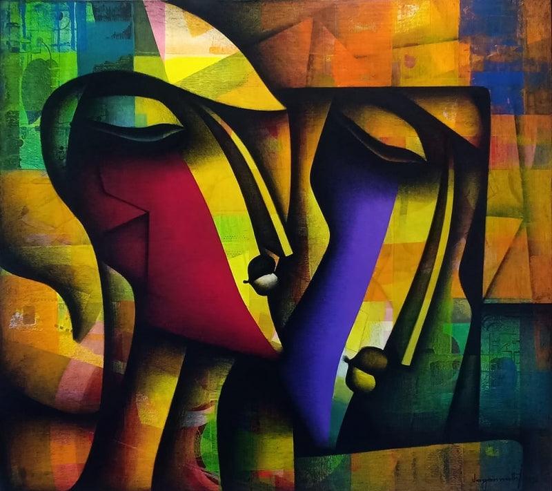 Figurative acrylic charcoal painting titled 'Bond Of Love Series', 54x48 inches, by artist Jagannath Paul on Canvas