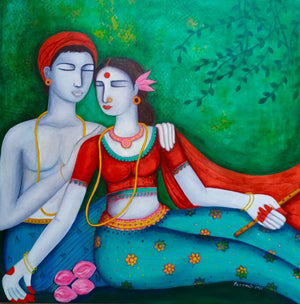 Figurative acrylic painting titled 'Bonding', 24x24 inches, by artist Paramita Chowdhury on Canvas