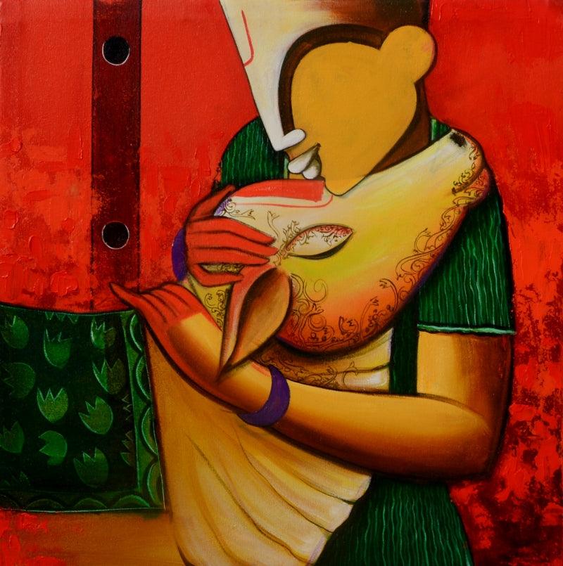 contemporary acrylic painting titled 'Bovine friendship', 23x23 inches, by artist Anupam Pal on canvas