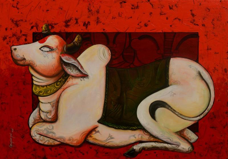 Animals acrylic painting titled 'Bovine friendship', 30x42 inches, by artist Anupam Pal on canvas